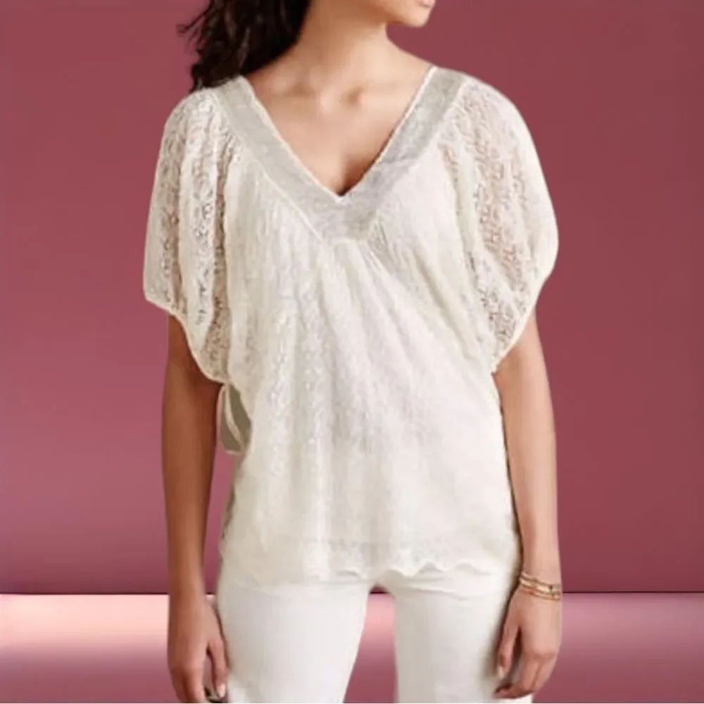 Anthropologie KNITTED & KNOTTED Cille Beaded Lace Top Ivory Blouse S